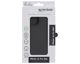 Sort Essentials-silikonecover til iPhone 16 Pro Max i emballage, med MagSafe-kompatibilitet angivet på pakken.