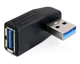 Sort Delock USB 3.0-adapter med USB-A-hanstik og USB-A-hunport, vinklet 90° vandret.