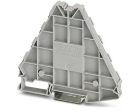 Phoenix Contact DP-PTRV 8 en grå terminalblok med et metallisk fastgørelsesklips, vist fra siden med en hvid baggrund.