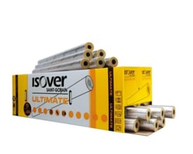 Isover Ultimate Protect S1000 rørskåle i en gul kasse, med 1200 mm længde og 35 mm indvendig diameter, flere ruller stikker ud.