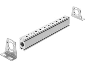 Festo P-batteriskinne VABM-B10-25-G12-10-P53 i aluminium med monteringsbeslag på hver side.