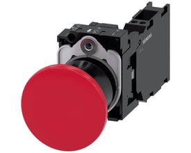Siemens Sirius Act 22 mm paddetrykknap i rød, 40 mm diameter med 1NO 1NC kontakter og låsemekanisme.