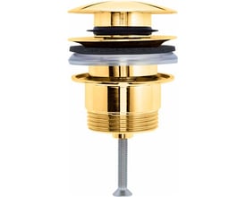 Duravit push-open bundventil med overløb i poleret guld finish, med tydelige skruedetaljer på undersiden.