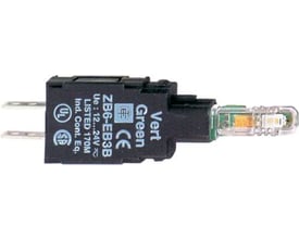 Schneider Electric ZB6EB3B hvid lampekrop med grøn LED til Ø16 trykknapper, viser tilslutningsben og CE-mærkning.