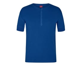 Engel T-shirt i blå farve og størrelse S, med rund hals og knaplukning foran, kort ærme.