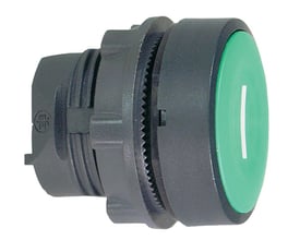 Sidevisning af Schneider Electric Harmony Style 5 trykknap med 'I' mærkning, viser monteringsmekanismen bagpå.