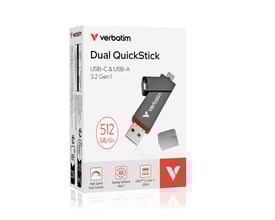 Verbatim Dual QuickStick USB-A/C 3.2 Gen1 512GB sort emballage med produktbilleder og specifikationer.