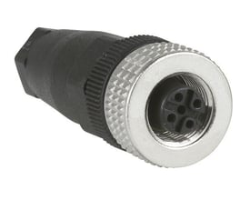 Lige 4-polet M12-hunstik fra Telemecanique Sensors, model XZCC12FDM40BJ, med sort kabeldel og sølvfarvet gevindfront.