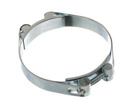 Galvaniseret MichLar Power Clamp til 80-90mm rør med dobbeltskrue og 25mm båndbredde på hvid baggrund.