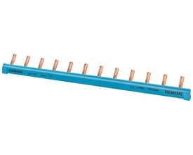 Siemens stiftskinne i blå isolering med 56 kobberben til 10 mm² ledere, trykt med modelnummer og CE-mærke.