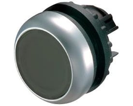 Eaton M22-D-S sort trykknap, planforsænket med fjederretur og sølvfarvet kant.