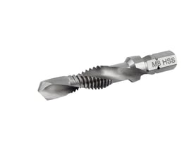 Ironside HSS-kombitap M8 x 1,25 mm set skråt med spiralgevind, boretip og 1/4-tommers sekskantet bitskaft.