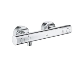 Grohe Quickfix Precision Get termostatbatteri til brus i krom, med to greb og indikator for 38° C, elegant og blank overflade.