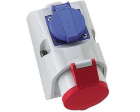 Cee kombi / DK udtag, 16A, 400V, 5-polet model H6, med blå og rød beskyttelsesklap for tilslutning.