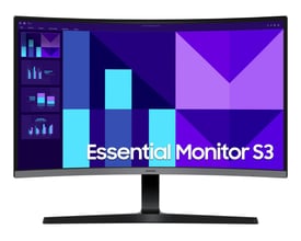 Samsung S27D392Gau sort 27-tommers Full HD-skærm set forfra med bred skærm, fod og farverig grafik.