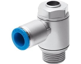 Festo drøvle-kontraventil GRLZ-1/8-QS-4-D med drejeled til QS-4 og G1/8 tilslutninger, fremstillet i metal med blå quick-fittings.