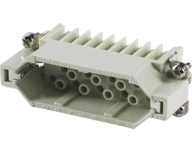 Nærbillede af Harting Han D stikindsatsen, der viser de 25 monteringshuller for klemmer og markeringer for strøm og kabelstørrelse.