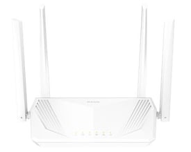 Hvid D-Link S15/E AX1500 trådløs router med Wi-Fi 6 og fire opretstående antenner set forfra.