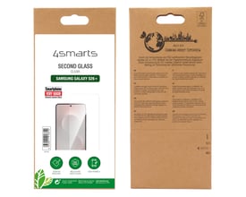 Emballagens for- og bagside til 4smarts Second Glass, klar skærmbeskytter til Samsung Galaxy S26+.
