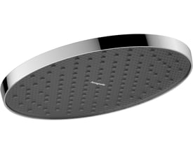 Nærbillede af Hansgrohe Activera S hovedbruser 240 mm, viser den blanke krom kant og grå kunststof stråleskive.