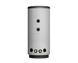 Metroaqua 300/200 kappebeholderens front med tilslutningsmuligheder til varmepumpe, viste 300 liters brugsvandstank.