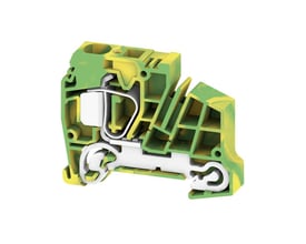 Weidmüller PE terminal for 16 mm² beskyttende jordledere med grøn/gul farvekode og spændklemme.