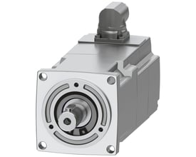 Siemens SIMOTICS S-1FK2 HD servomotor i gråt metal med drejelig M17 stik og aksel med fjerntast på hvid baggrund.
