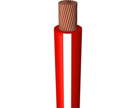 H05Z-K monteringsledning 1 x 0,75 mm² i rød med hvid stribe, viser den fintrådede kobberleder og den røde isolering.