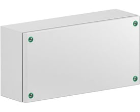 Schneider Electric klemkasse i stål, 150x300x80mm, RAL 7035, med synlige monteringsskruer og IP66, IK10 rating.