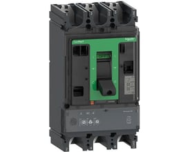 Schneider Electric ComPacT NSX630R 3-polet maksafbryder med 500A mærkestrøm og grønt betjeningsgreb i "OFF" position.