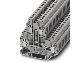 Detaljeret billede af Phoenix Contact UTTB 2,5 etageklemme, der fremhæver den indvendige konstruktion og monteringsdetaljer for 2,5mm2 ledninger.