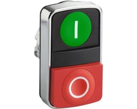 Nærbillede af Schneider Electric dobbelt trykknap, viser den krombelagte frontring, rød og grøn knap med markeringer, Ø 22 mm.