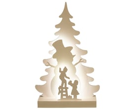 Detaljeret billede af Nordic Winter julesilhuet med 20 LED lys, der viser en snemand og to børn på en hvid baggrund.