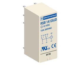 Lysegråt Telemekanique RSB 1A120JD stikbensrelæ med 12 VDC, 12A 250VAC mærkning og diagram, CE og UL/CSA mærker.