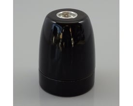 Lauritz Knudsen sort porcelænsfatning E27 med M10 gevind, glat overflade og klassisk design, vist isoleret på grå baggrund.