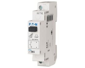 Detaljeret billede af Eaton din-skinne afbryder Z-SW/S, der viser mærkning med 16A 250VAC og diagram for 1 NO funktion.
