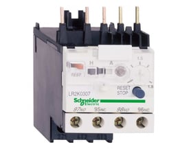 Schneider Electric TeSys K termorelæ LR2K0307, 8-11,5A, med 1 NO og 1 NC kontakt, vist fra front med justeringsknap og testfunktion.