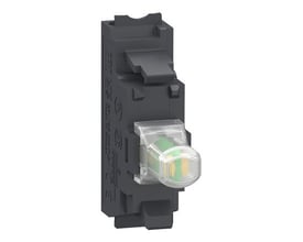 Schneider Electric universal LED lysmodul i mørkegrå plast med push-in fjederklemmer og transparent grønlig linse.