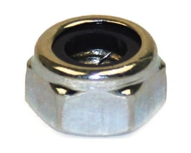 Dresselhaus låsemøtrik M4, 6-kantet, el-galvaniseret med sort nylonring, DIN 985, nærbillede.