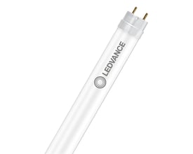 LEDVANCE T8 Value UO LED-rør på 1200 mm ses skråt med hvidt rør, trykt logo og to metalstifter i enden.