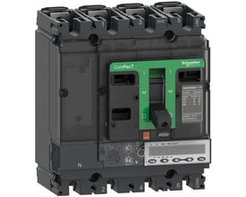 Schneider Electric ComPacT NSX100R, en 4-polet 100A maksimalafbryder med MicroLogic 6.2 E-relæenhed og digitalt display.
