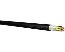 Sort EMC motorkabel 3x1,5+2G1,5 med synlig skærm og kobberledere, egnet til udendørs brug.