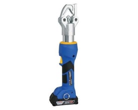 Klauke LBOXXEKM60IDCFM akku presværktøj med blå og sort krop, gul betjeningsknap og sølvfarvet pressearm på hvid baggrund.