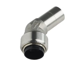 Roth vinkel 45° indstikfitting til 22 mm rør i rustfri stål med synlig 22mm mærkning og sort pakning.