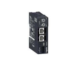 Detaljeret visning af Schneider Electric TM3 Modbus seriel buskobler modul, viser drejeknapper og RJ45-porte mærket 'Modbus'.