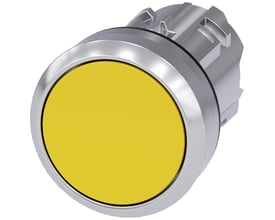 Siemens SIRIUS ACT trykknap i gul med højglans metalramme, 22 mm diameter, flad. Robust og industriel kvalitet, isoleret på hvid baggrund.