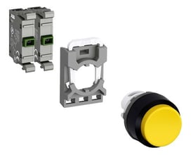 ABB trykknap MP1-40Y-20, gul, lav model, med klemmehuset og en grå monteringsramme mod hvid baggrund.