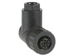 Vinklet 4-polet M12-hunstik fra Telemecanique Sensors med Pg7, set skråt forfra med kontakterne synlige.