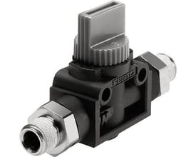 Festo afspærringsventil HE-3-3/8-3/8 med 3/2 bistabil funktion og manuel betjening, med synlig Festo logo og R3/8 gevindtilslutninger.
