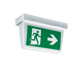 Esylux SLX High Cover nødbelysning i hvid polycarbonat, mærket med grønt skilt og hvid flugtvejssymbol med pil til højre.